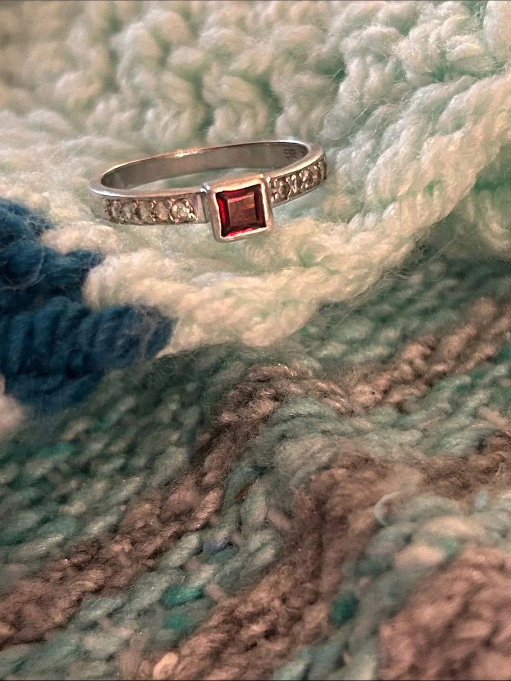 Vintage Sterling Silver Garnet Square-Cut Ring with Pavé Accents